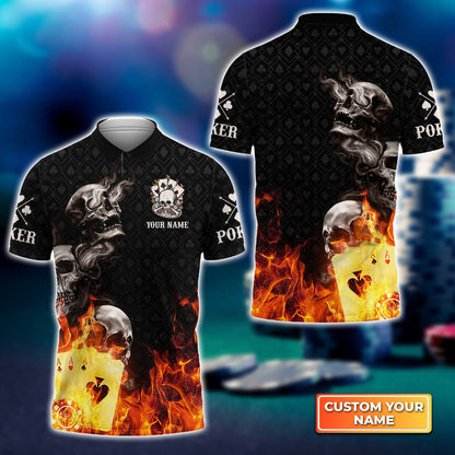 Frenzidea Poker Four Of A Kind Aces Skull On Fire Personalized Name 3D Polo Shirt