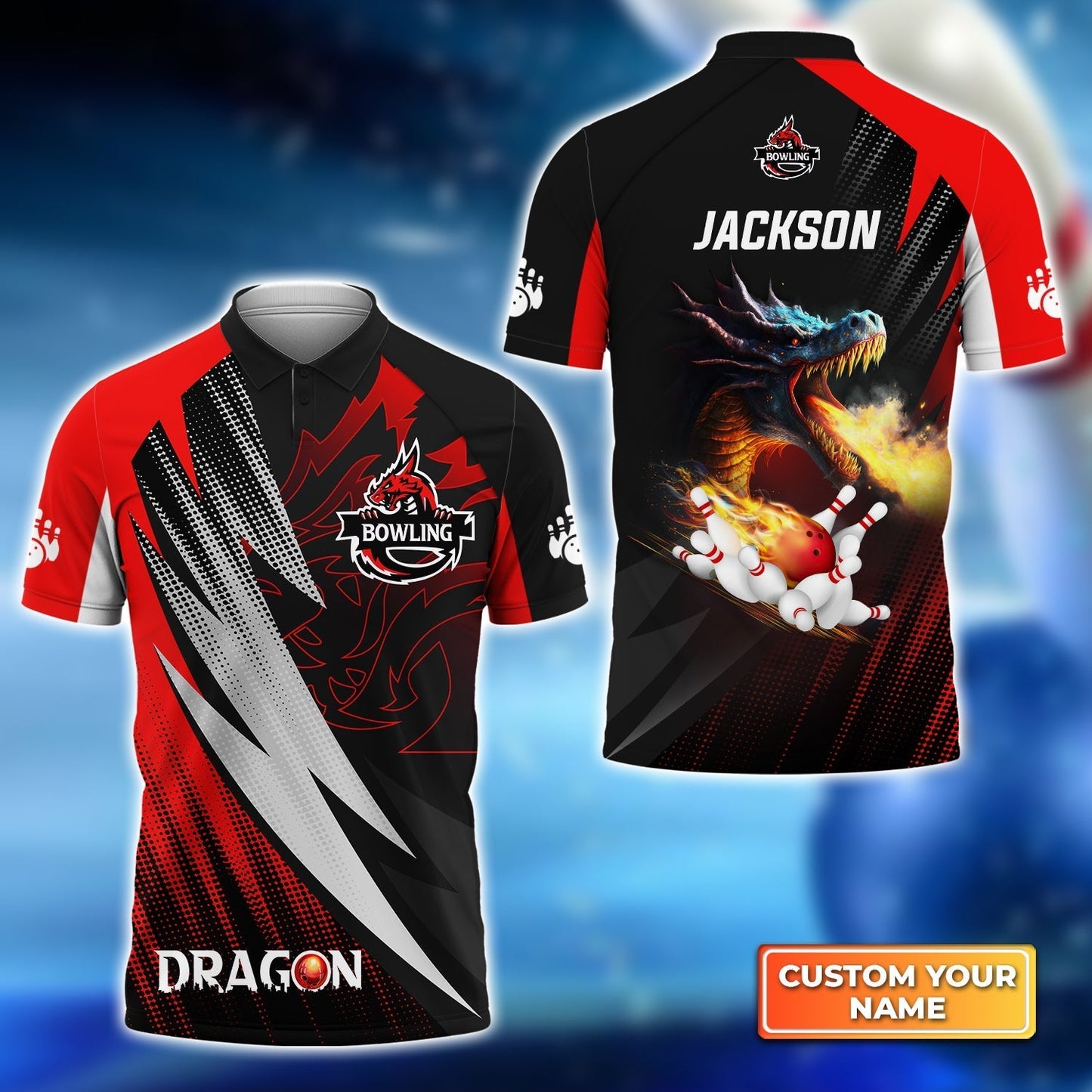 Frenzideas Dragon Team Red Bowling Ball On Fire Customized Name All Over Printed Shirt