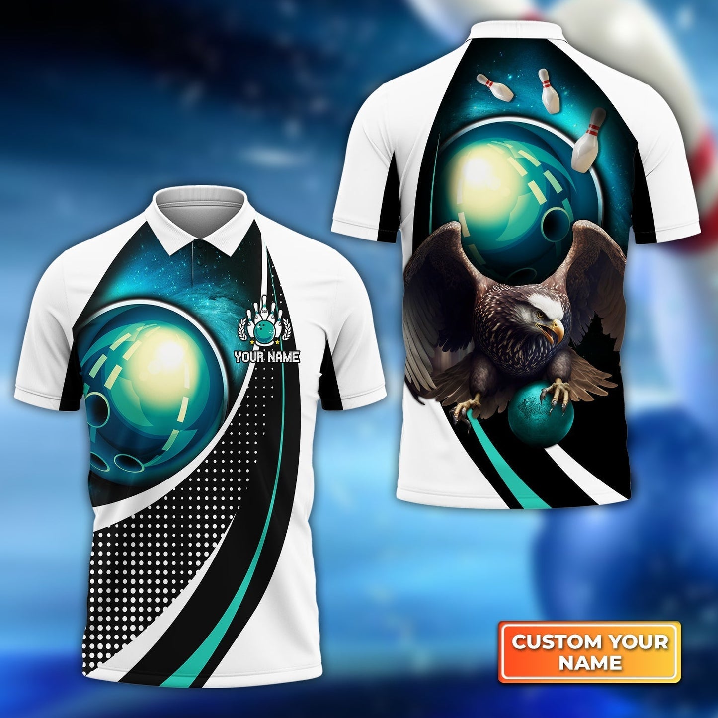 Frenzideas Eagle Bowling Team Blue Bowling Ball Customized Name All Over Printed Shirt