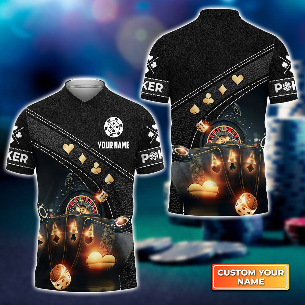 Frenzidea Poker Quad Aces Black Leather Personalized Name 3D Polo Shirt
