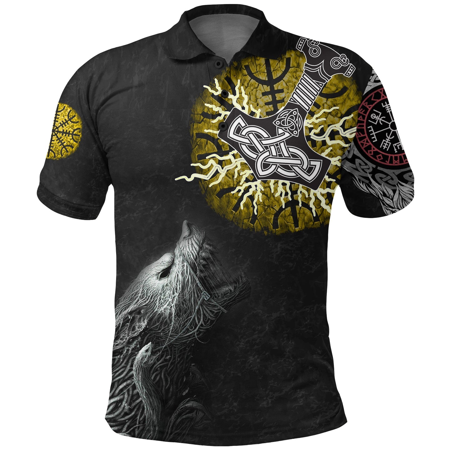 Frenzidea Viking Style Polo Shirts - Fenrir Fight Mjolnir of Thor on Helm Of Awe