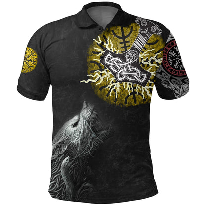 Frenzidea Viking Style Polo Shirts - Fenrir Fight Mjolnir of Thor on Helm Of Awe