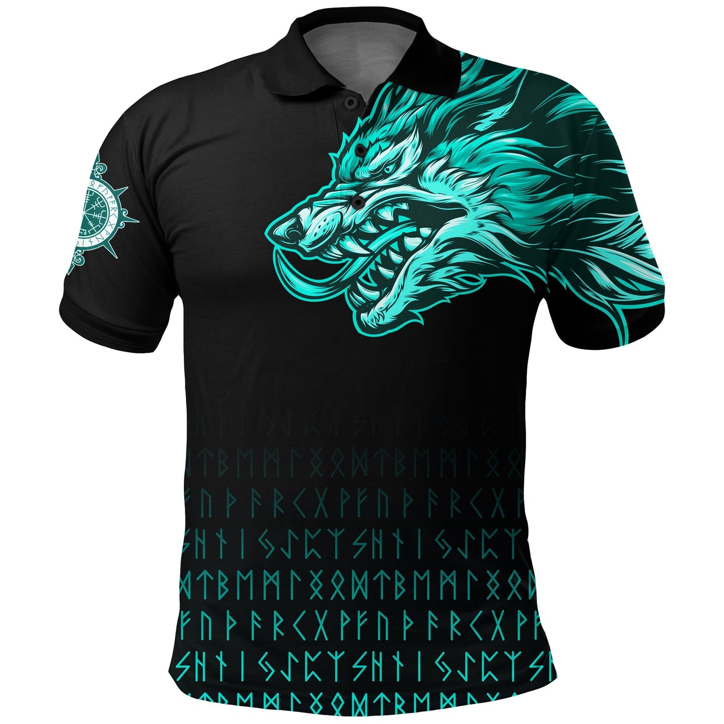 Frenzidea Viking Style Polo Shirts Fenrir Wolf Cyan Near Shoulder