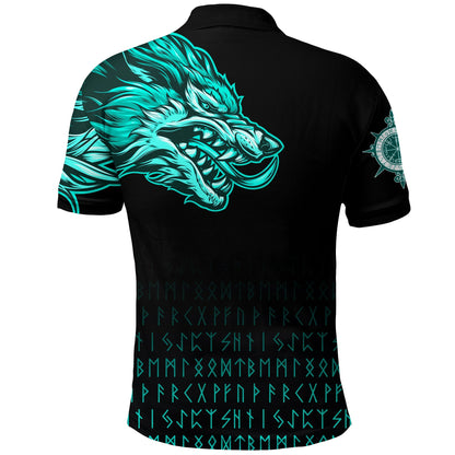 Frenzidea Viking Style Polo Shirts Fenrir Wolf Cyan Near Shoulder