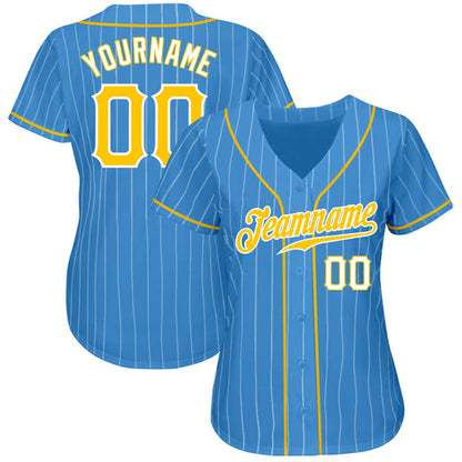 Frenzidea Custom Powder Blue White Pinstripe Gold-White Authentic Baseball Jersey