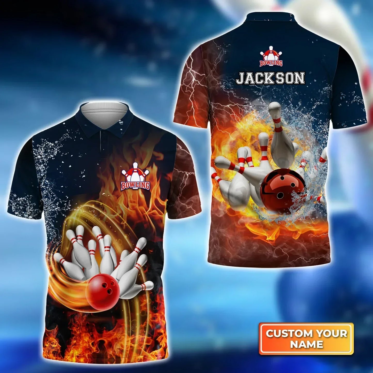 Frenzideas Bowling Fire and Water Pattern Customized Name 3D Shirt
