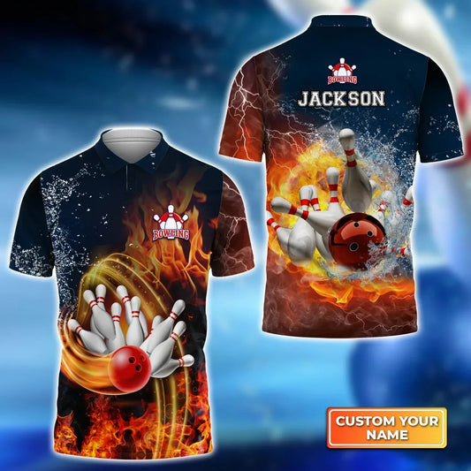 Frenzideas Bowling Fire and Water Pattern Customized Name 3D Shirt
