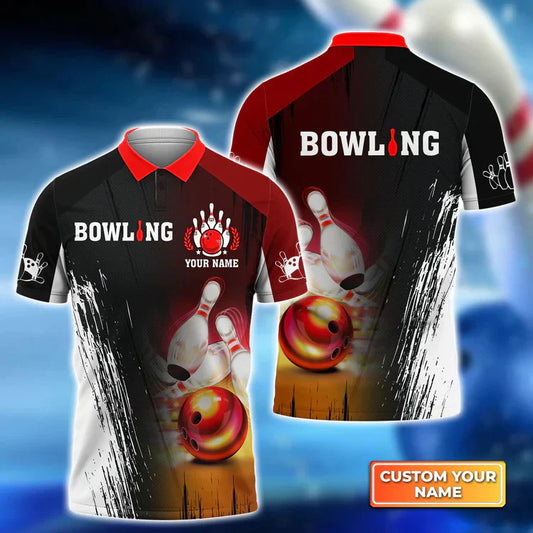 Frenzideas Red Bowling Ball Crashing Pins Personalized Name 3D Shirt