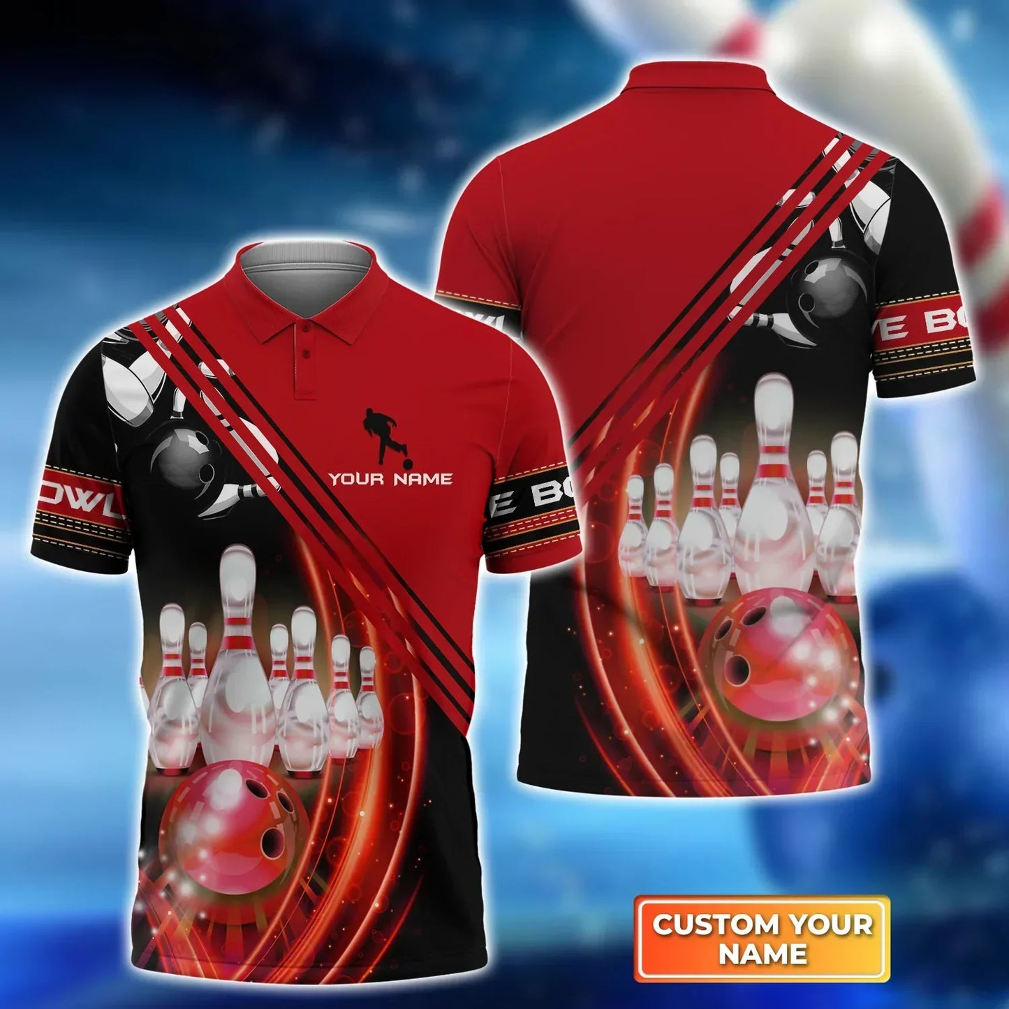 Frenzideas Red Bowling Ballin Motionand the Pins Personalized Name 3D Shirt