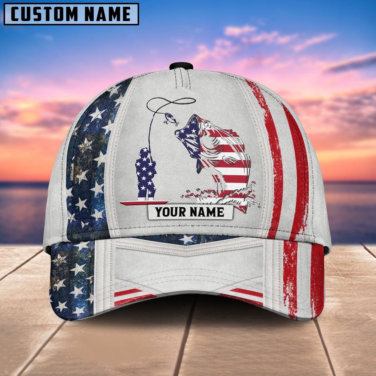 Frenzidea Personalized Fish White USA Flag Cap