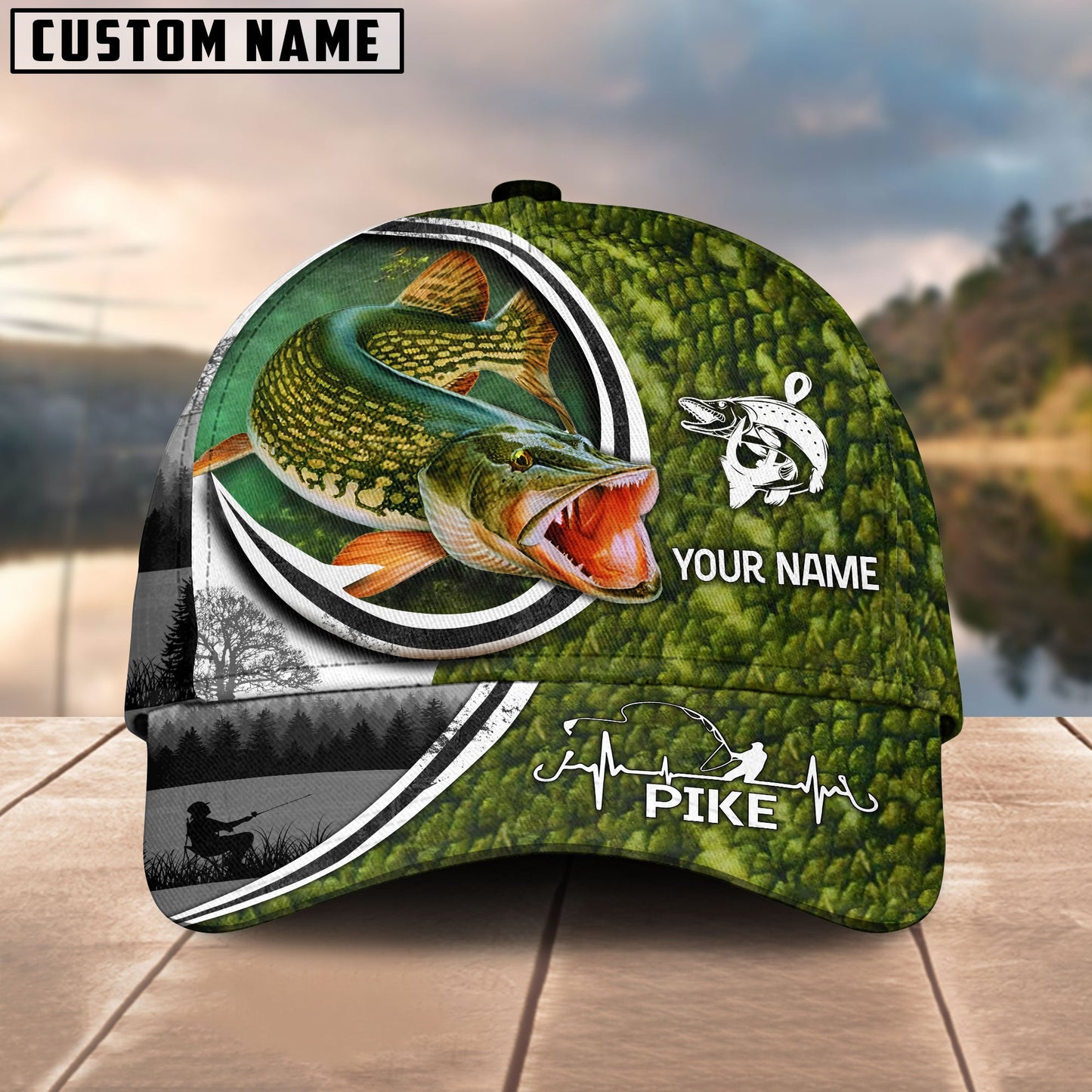 Frenzidea Custom Name Northern Pike Fishing Heart Beat Hook Classic Cap