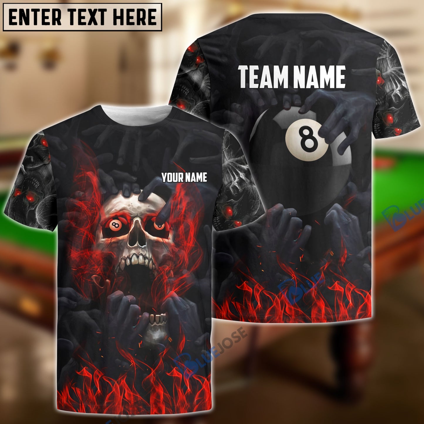 Frenzidea Billiards Skull Fire Personalized Name, Team Name Unisex Shirt