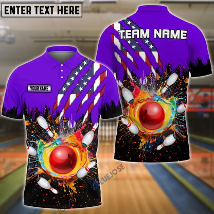 Frenzideas Bowling And Pins Scratch US Flag Pattern Multicolor Personalized Name 3D Shirt