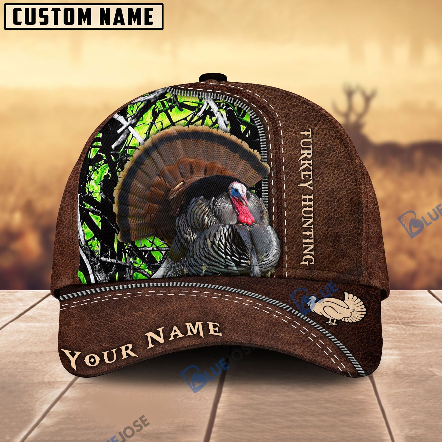Frenzidea Turkey Hunting Leather Pattern Personalized Name Cap
