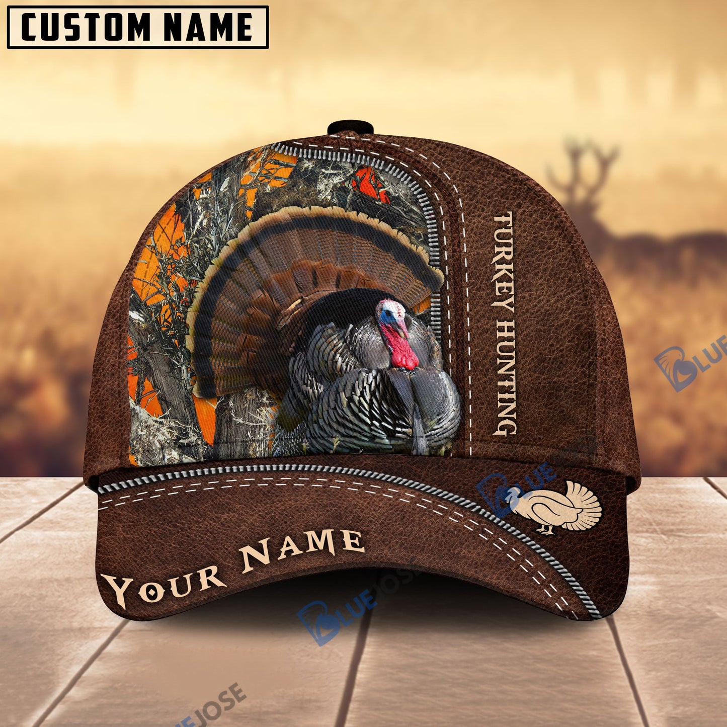 Frenzidea Turkey Hunting Leather Pattern Personalized Name Cap