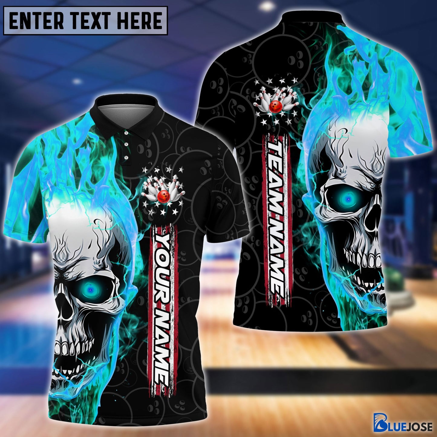 Frenzideas Personalized Name and Team Name Skull Fire Winner Bowling and Pins Multicolor 3D Shirt