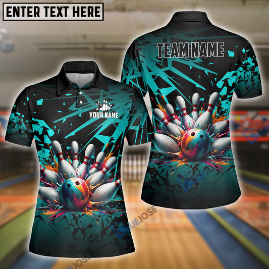 Frenzideas Bowling And Pins Diamond Broken Customized Name 3D Shirt for Women (4 Colors)