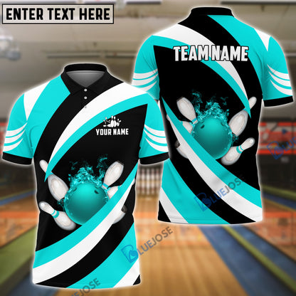 Frenzideas Bowling and Pins Wave Pattern Customized Name 3D Shirt (4 Colors)