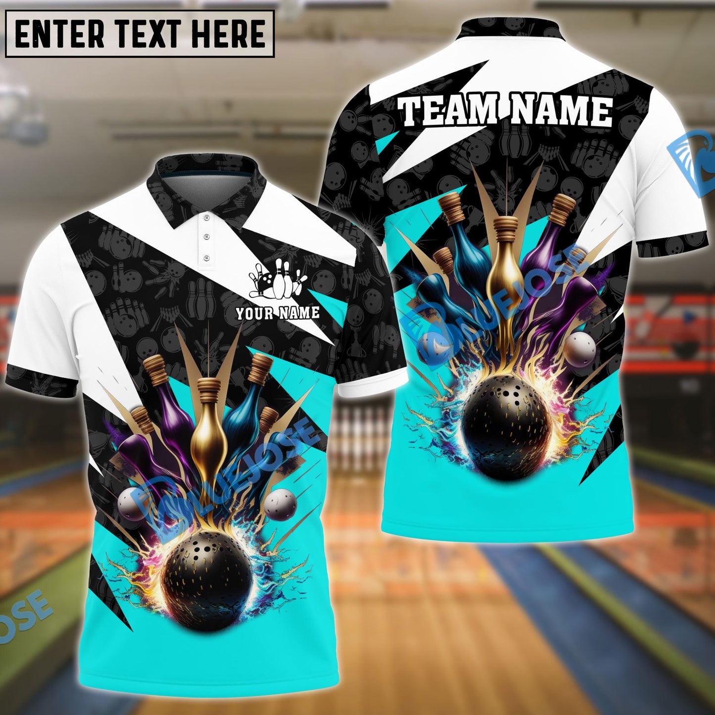 Frenzideas Bowling And Pins Color Lightning Customized Name 3D Shirt ( 4 Colors )