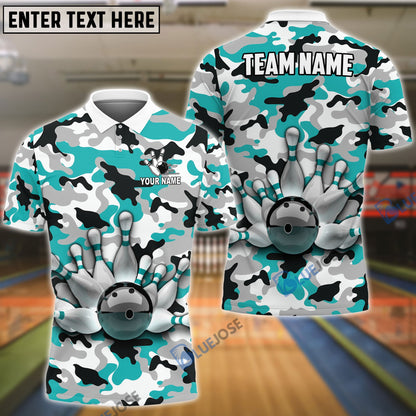 Frenzideas Bowling And Pins Color Camo Pattern Customized Name, Team Name 3D Shirt (4 Colors)