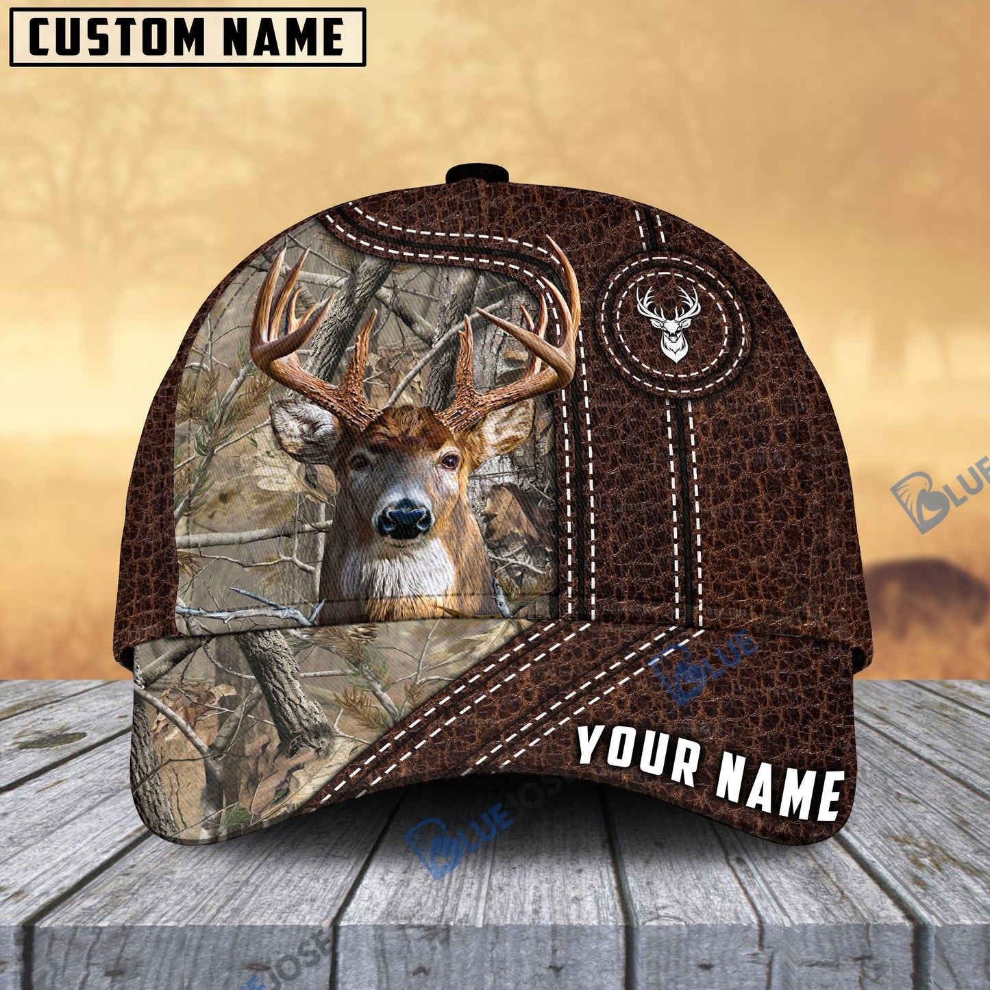 Frenzidea Deer Hunting Premium Leather Pattern Personalized Name Cap (4 Colors)