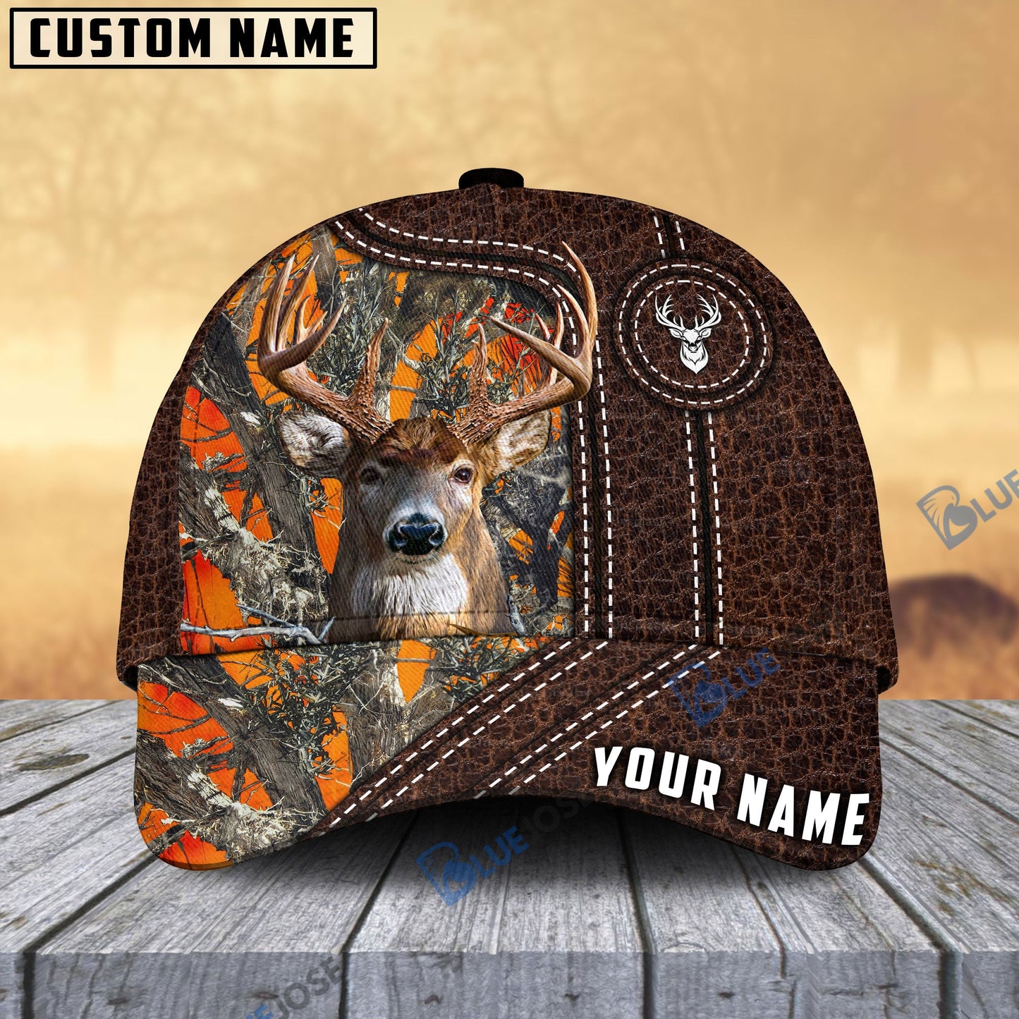 Frenzidea Deer Hunting Premium Leather Pattern Personalized Name Cap (4 Colors)