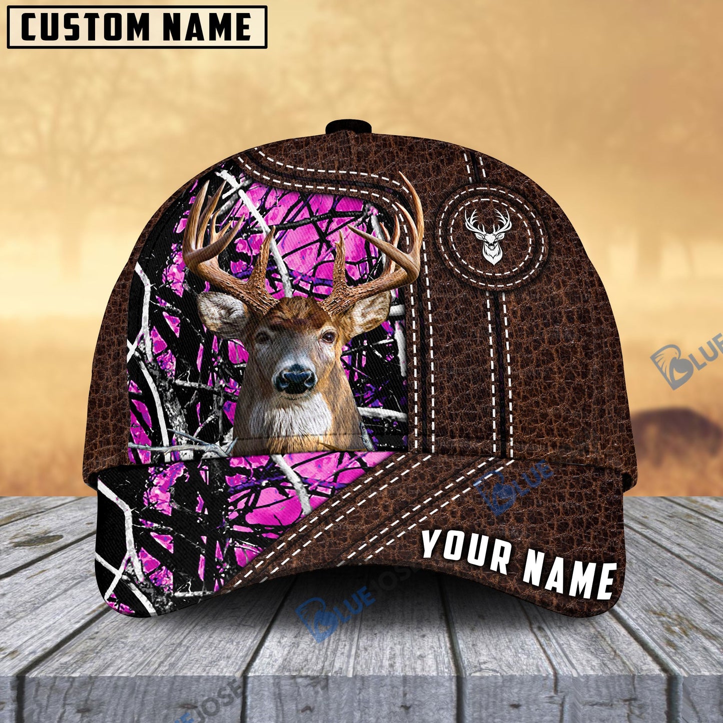 Frenzidea Deer Hunting Premium Leather Pattern Personalized Name Cap (4 Colors)