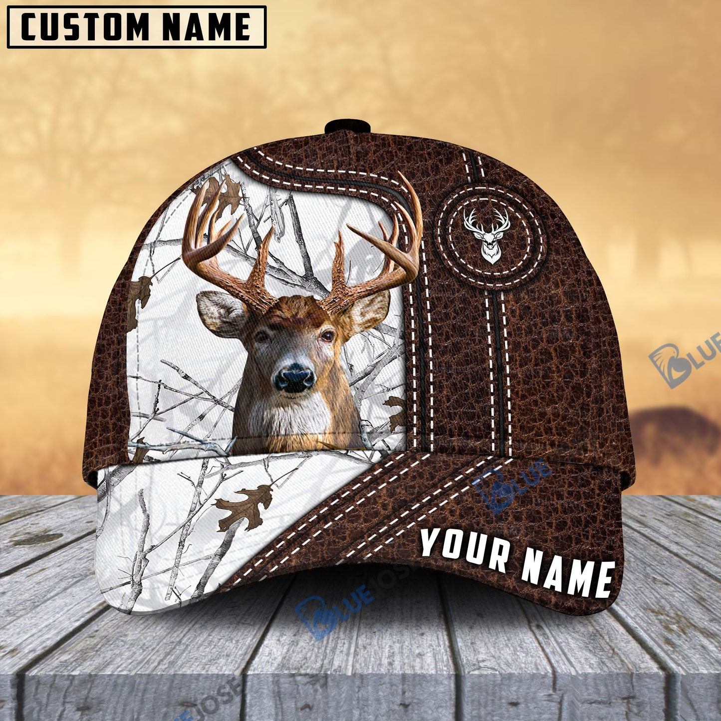 Frenzidea Deer Hunting Premium Leather Pattern Personalized Name Cap (4 Colors)