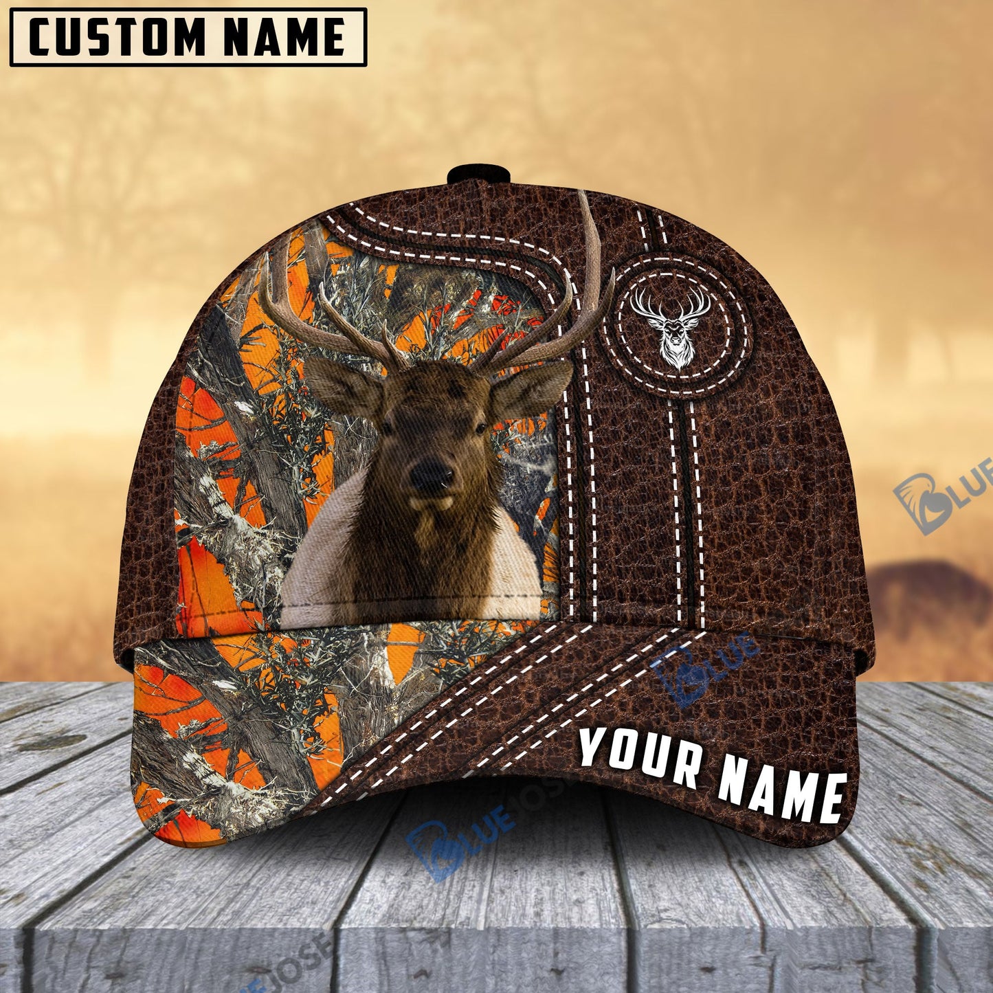 Frenzidea Elk Hunting Premium Leather Pattern Personalized Name Cap (4 Colors)