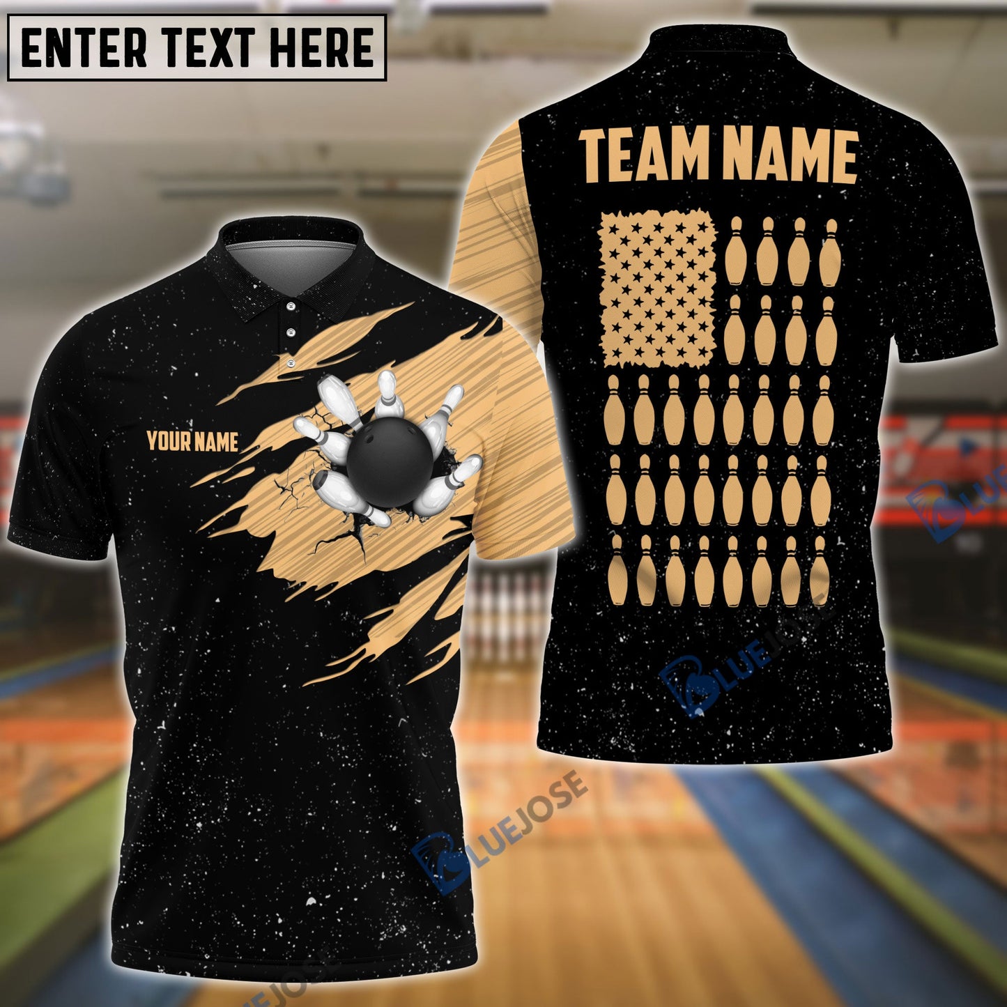Frenzideas Bowling Black Golden Customized Name, Team Name 3D Shirt