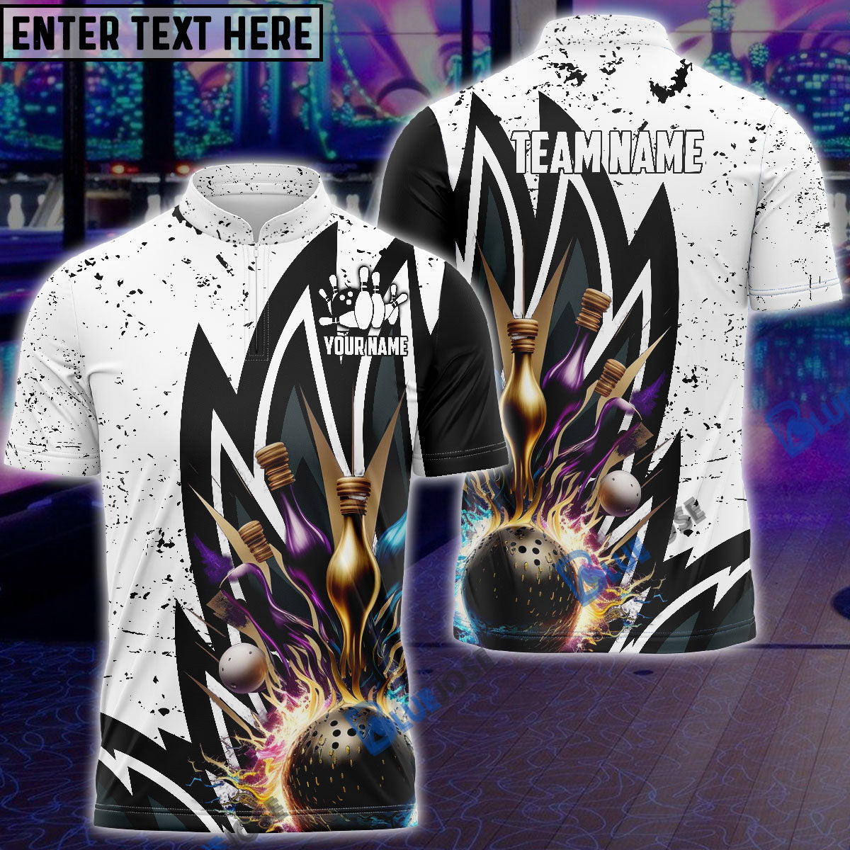 frenzideas Bowling Ball and Pins Wing Pattern Personalized Name, Team Name 3D Shirt