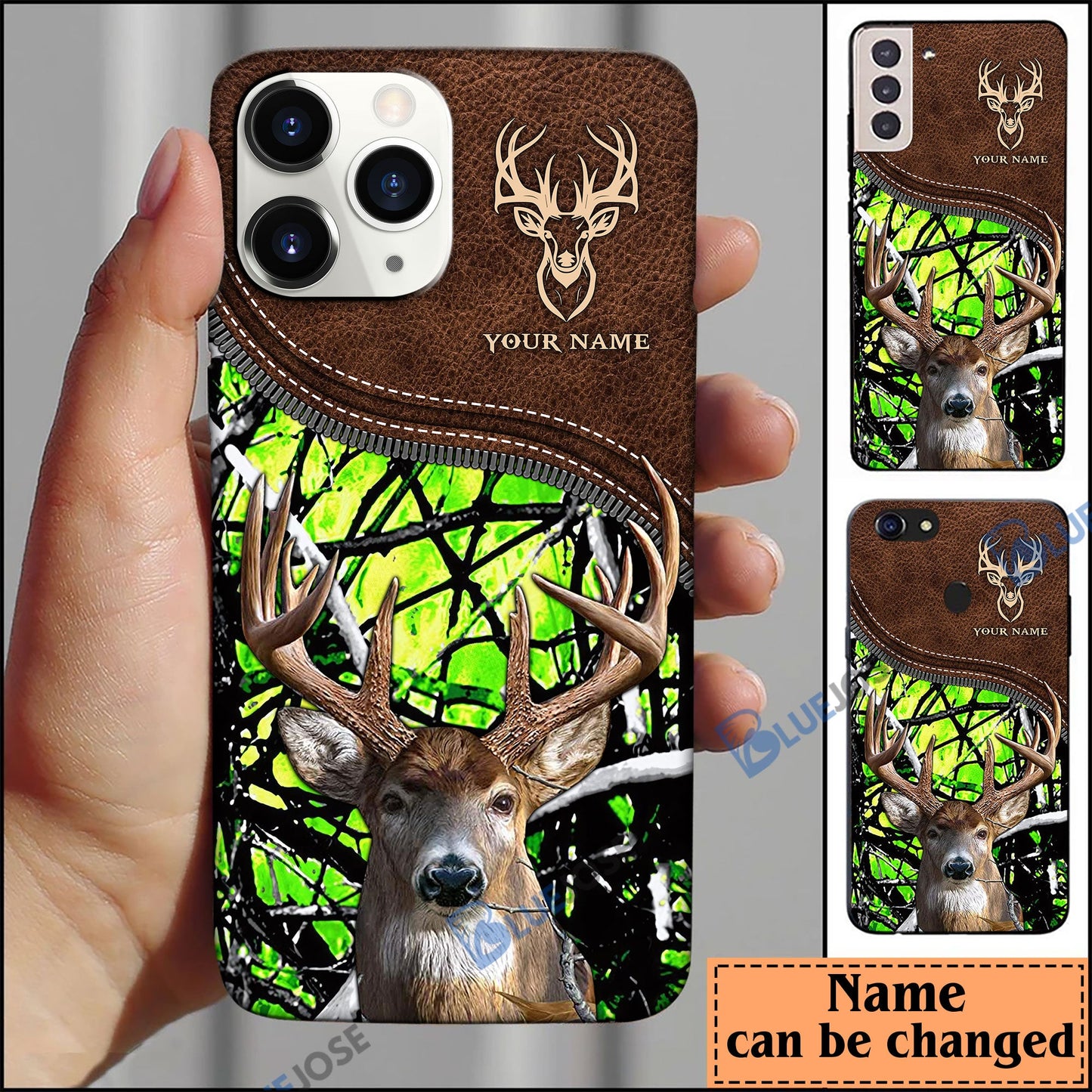 frenzidea Deer Hunting Leather Pattern Personalized Name Phone Case (4 colors)
