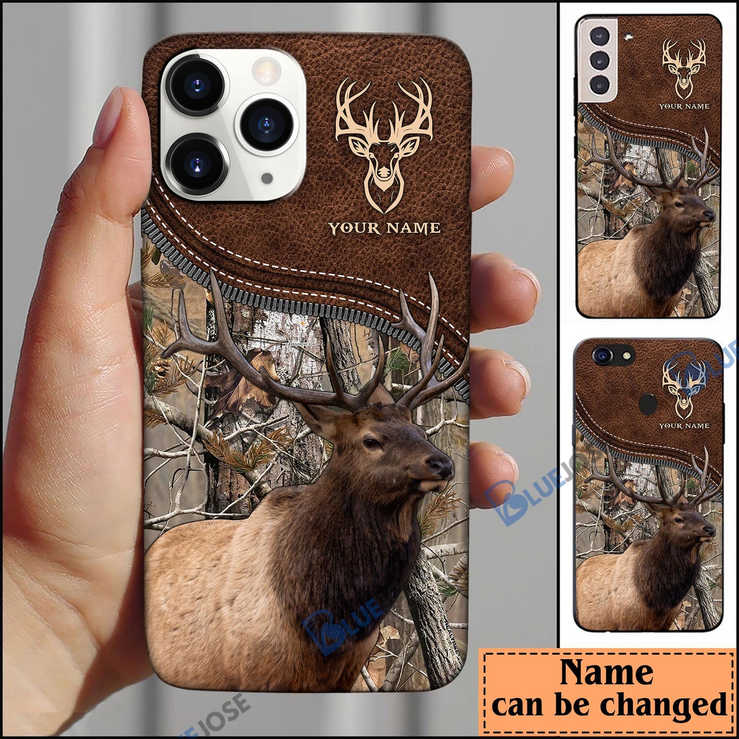 frenzidea Elk Hunting Leather Pattern Personalized Name Phone Case (4 colors)
