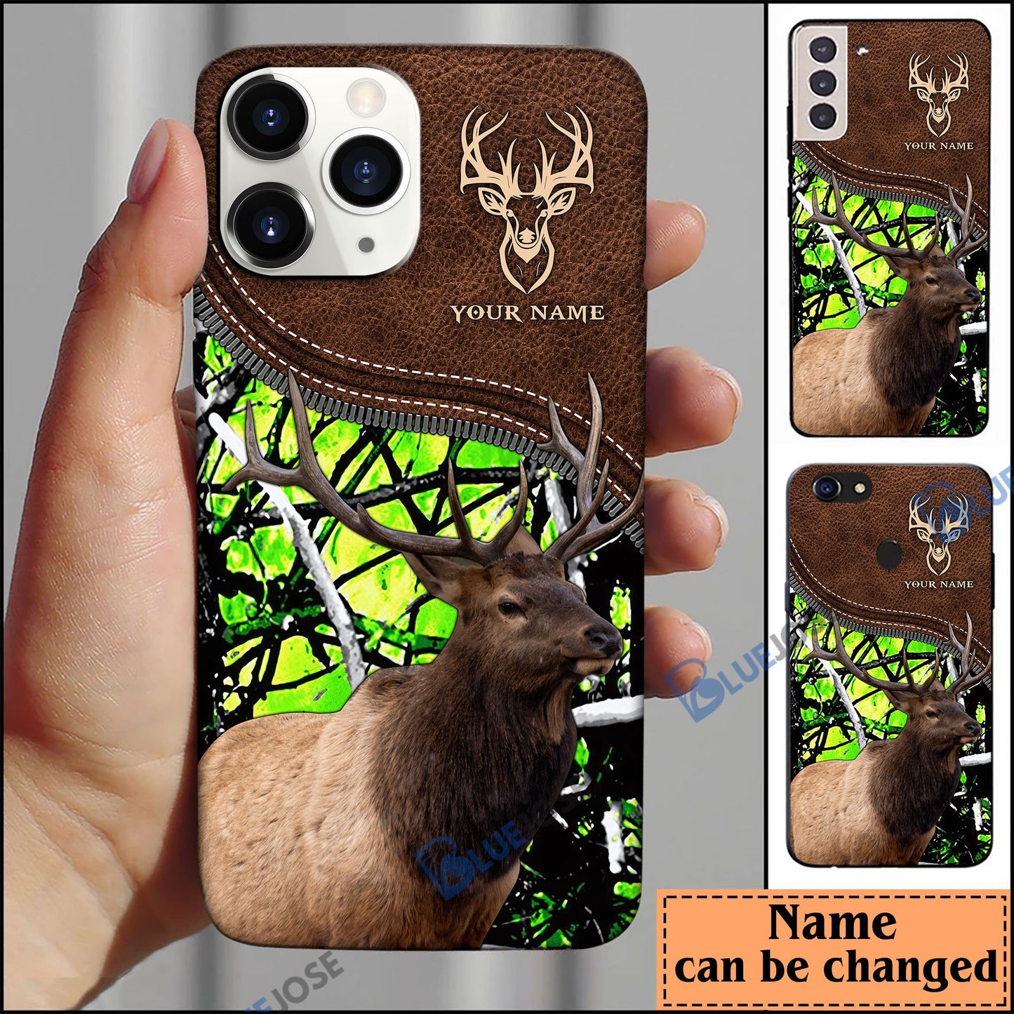 frenzidea Elk Hunting Leather Pattern Personalized Name Phone Case (4 colors)