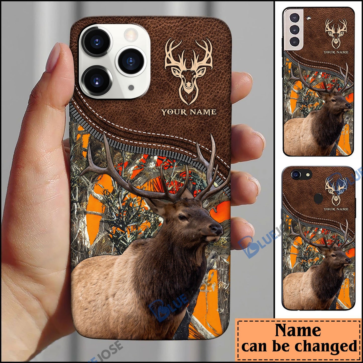 frenzidea Elk Hunting Leather Pattern Personalized Name Phone Case (4 colors)