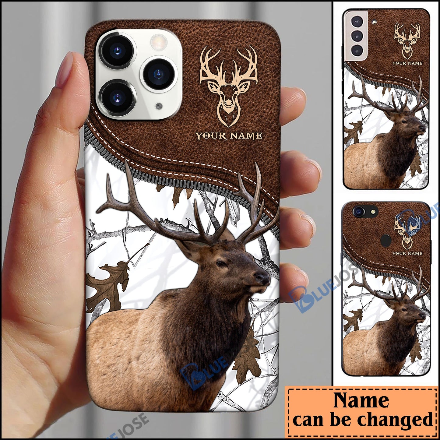 frenzidea Elk Hunting Leather Pattern Personalized Name Phone Case (4 colors)