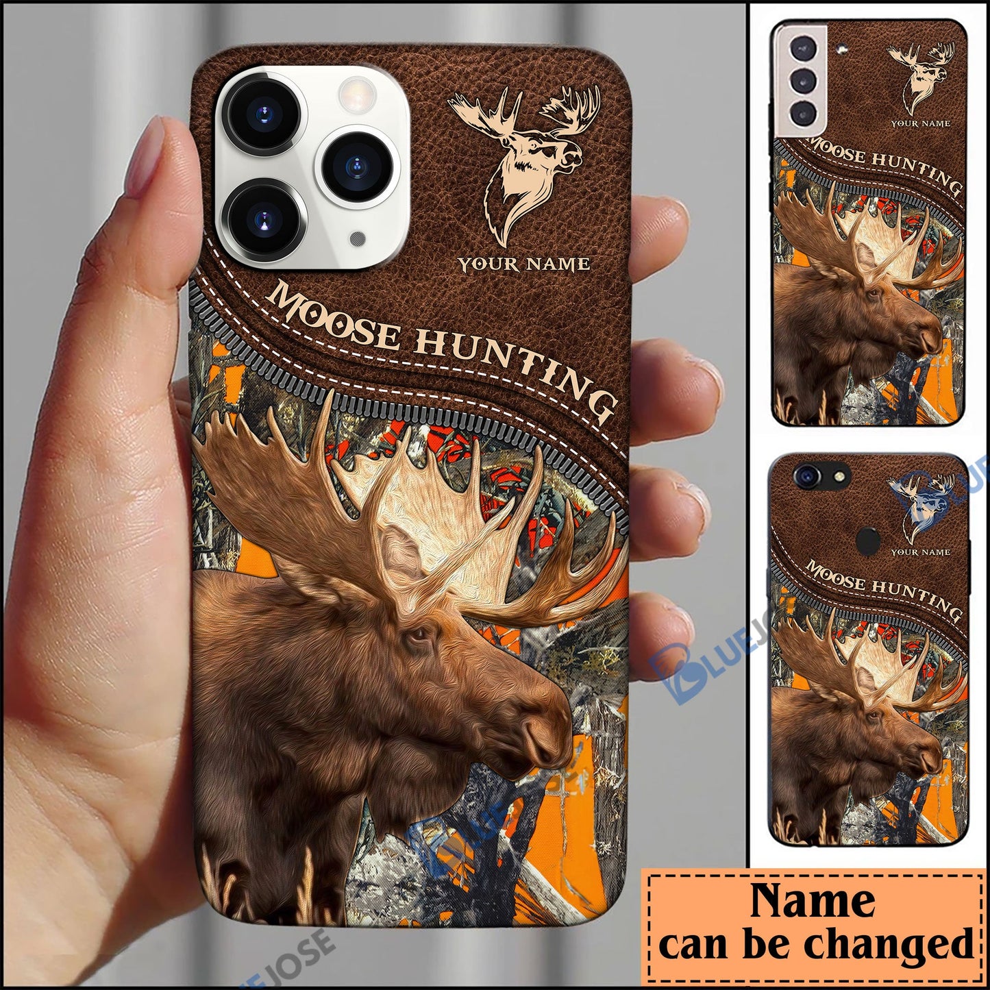 frenzidea Moose Hunting Leather Pattern Personalized Name Phone Case (4 colors)