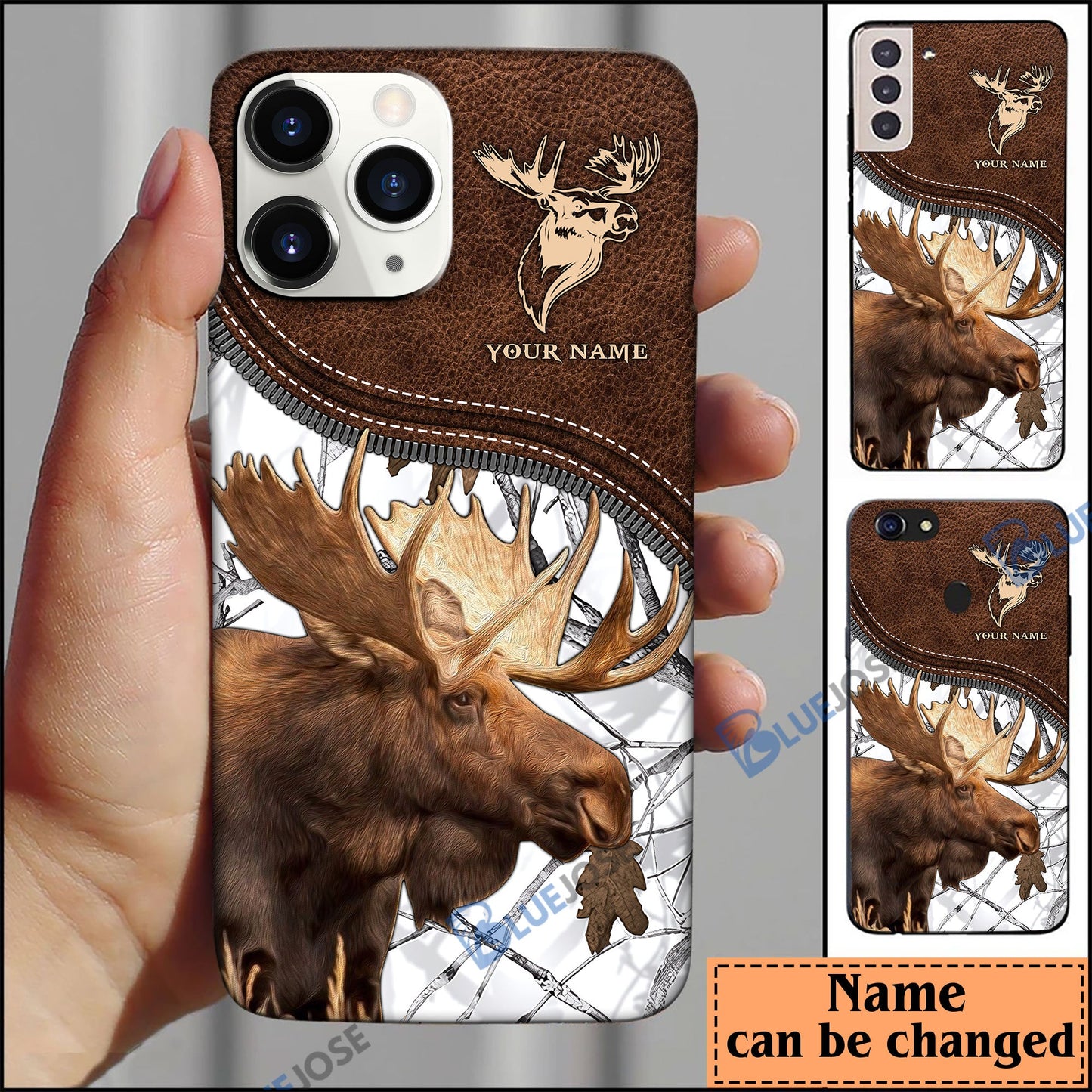 frenzidea Moose Hunting Leather Pattern Personalized Name Phone Case (4 colors)