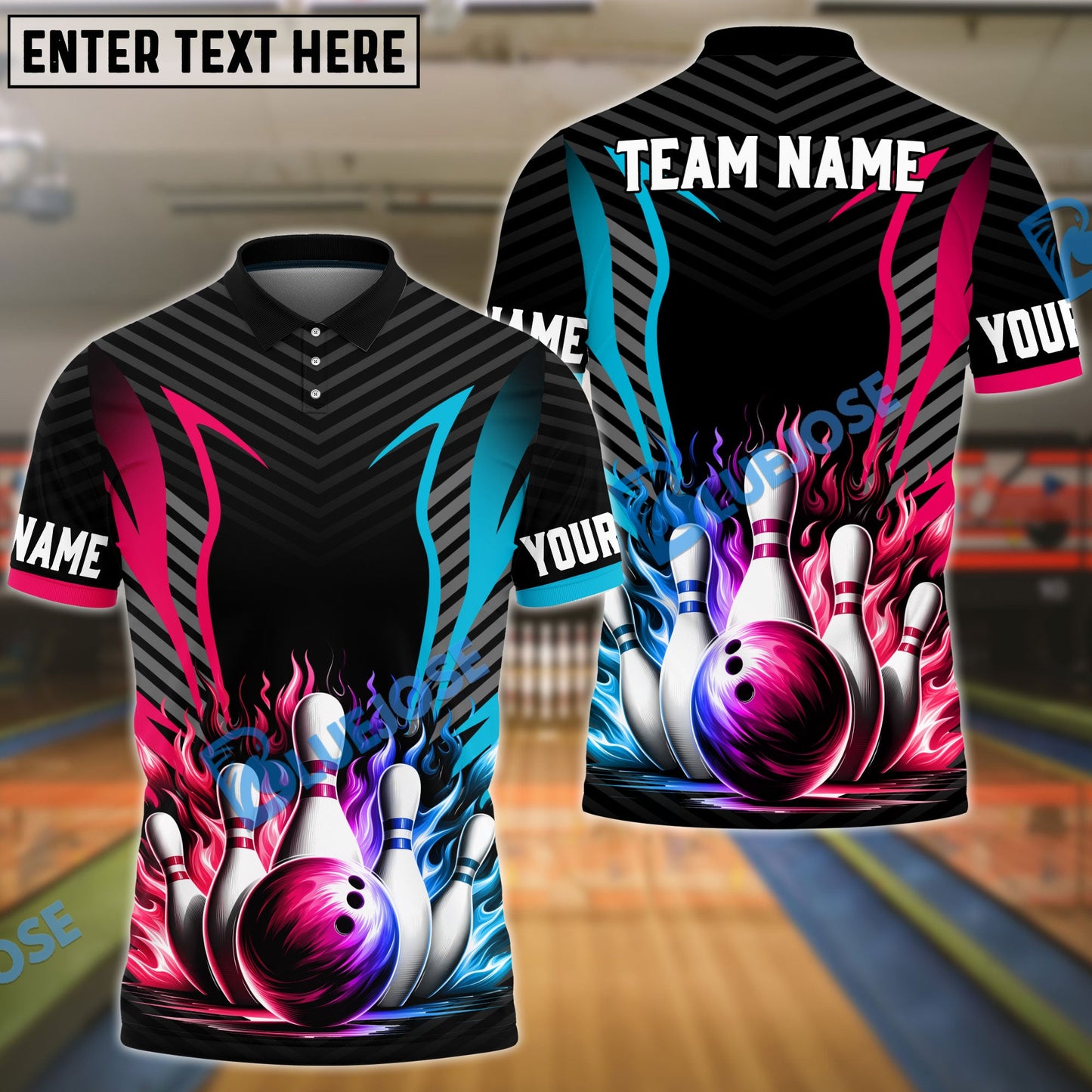 Frenzideas Bowling And Pins Pink Blue Customized Name 3D Shirt