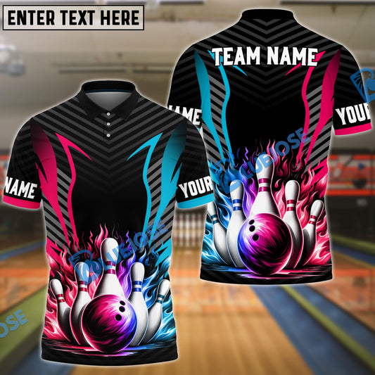 Frenzideas Bowling And Pins Pink Blue Customized Name 3D Shirt