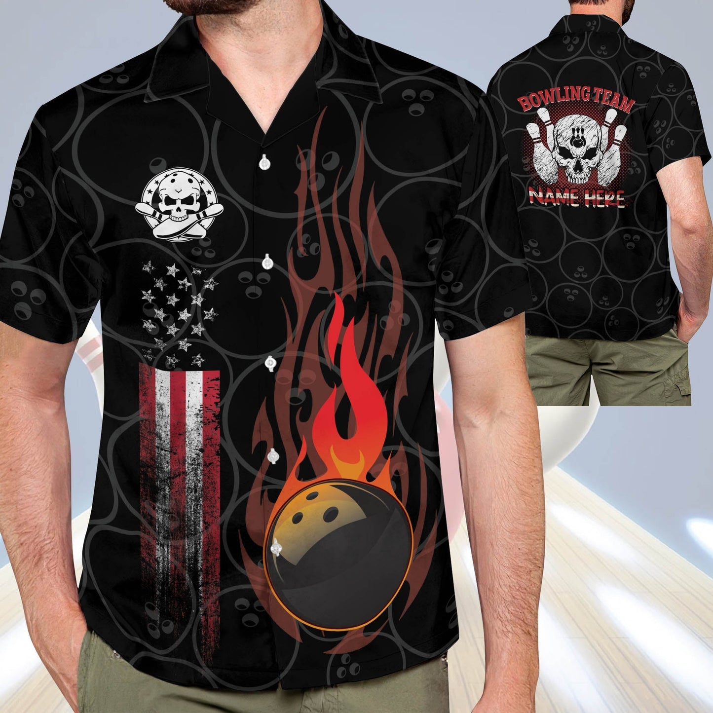 Frenzideas Funny Flame Skull Bowling Team Personalized Name Hawaiian Shirt