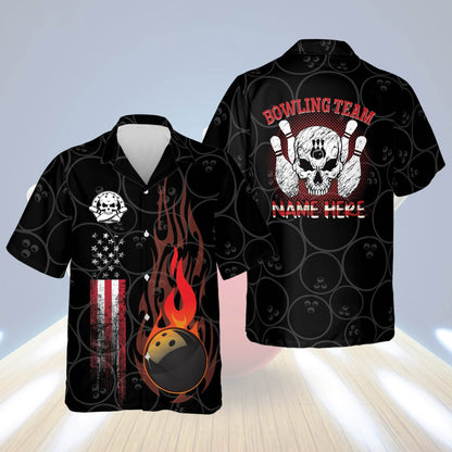 Frenzideas Funny Flame Skull Bowling Team Personalized Name Hawaiian Shirt