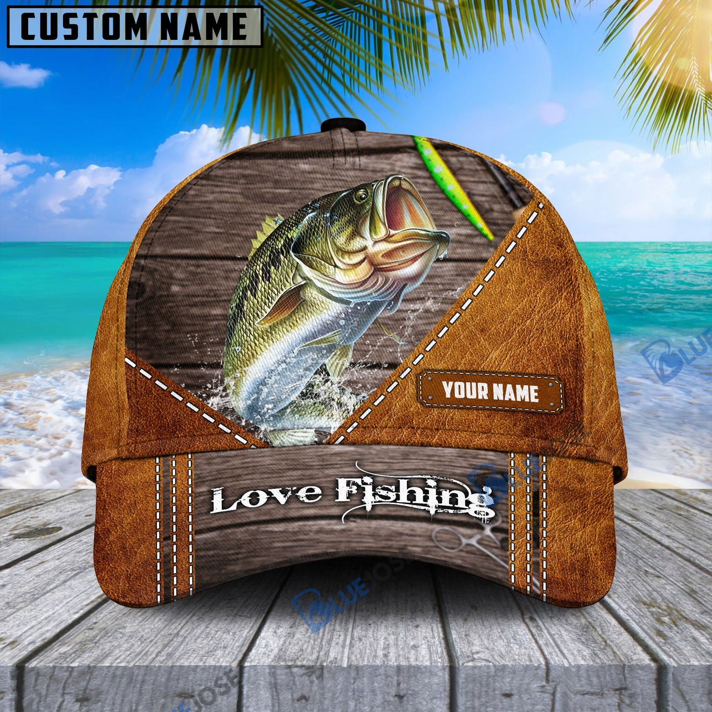 frenzidea Custom Name Bass Fishing Leather Pattern Cap