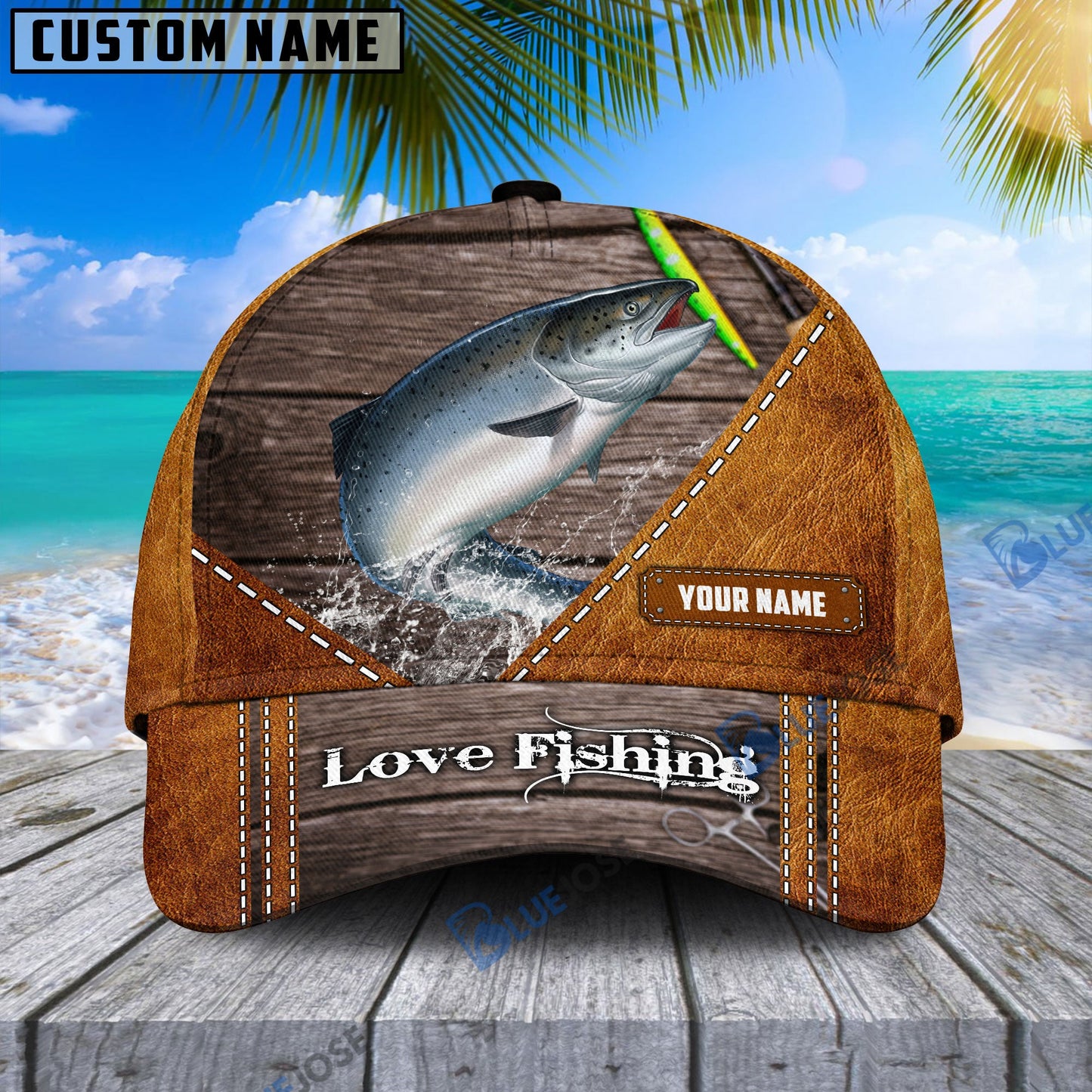 frenzidea Custom Name Salmon Fishing Leather Pattern Cap