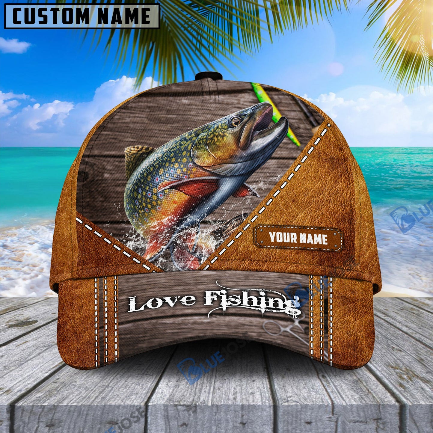 frenzidea Custom Name Trout Fishing Leather Pattern Cap