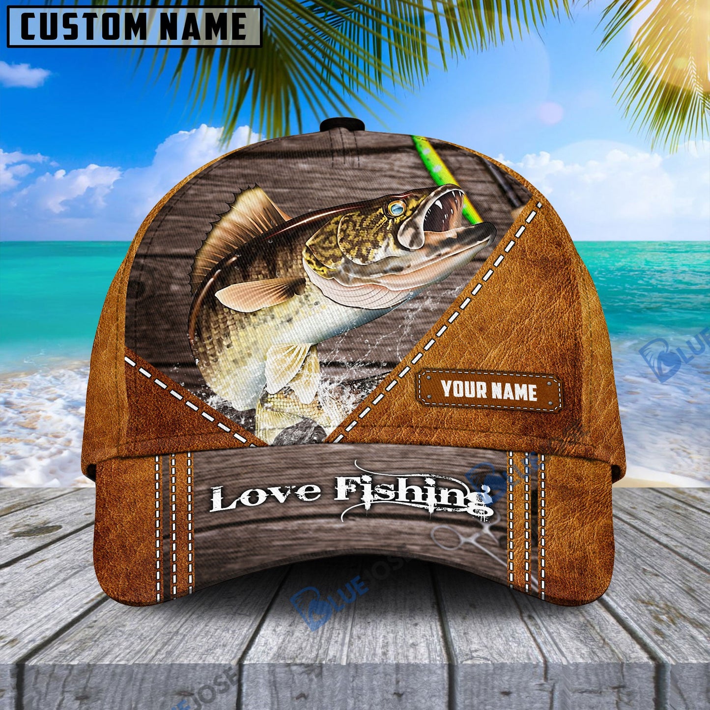 frenzidea Custom Name Walleye Fishing Leather Pattern Cap