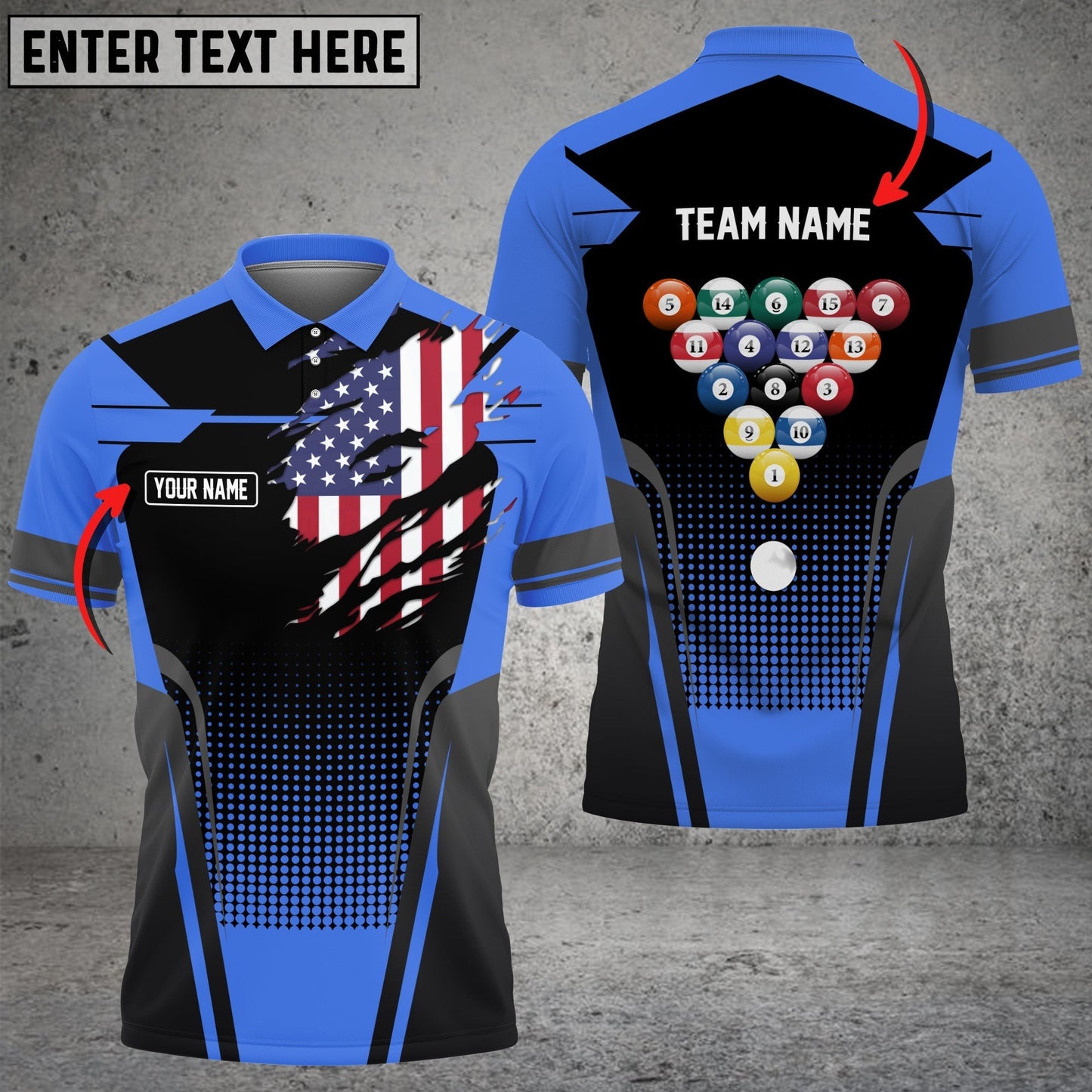 Frenzidea Billiard American Flag Personalized Name, Team Name Unisex Polo Shirt