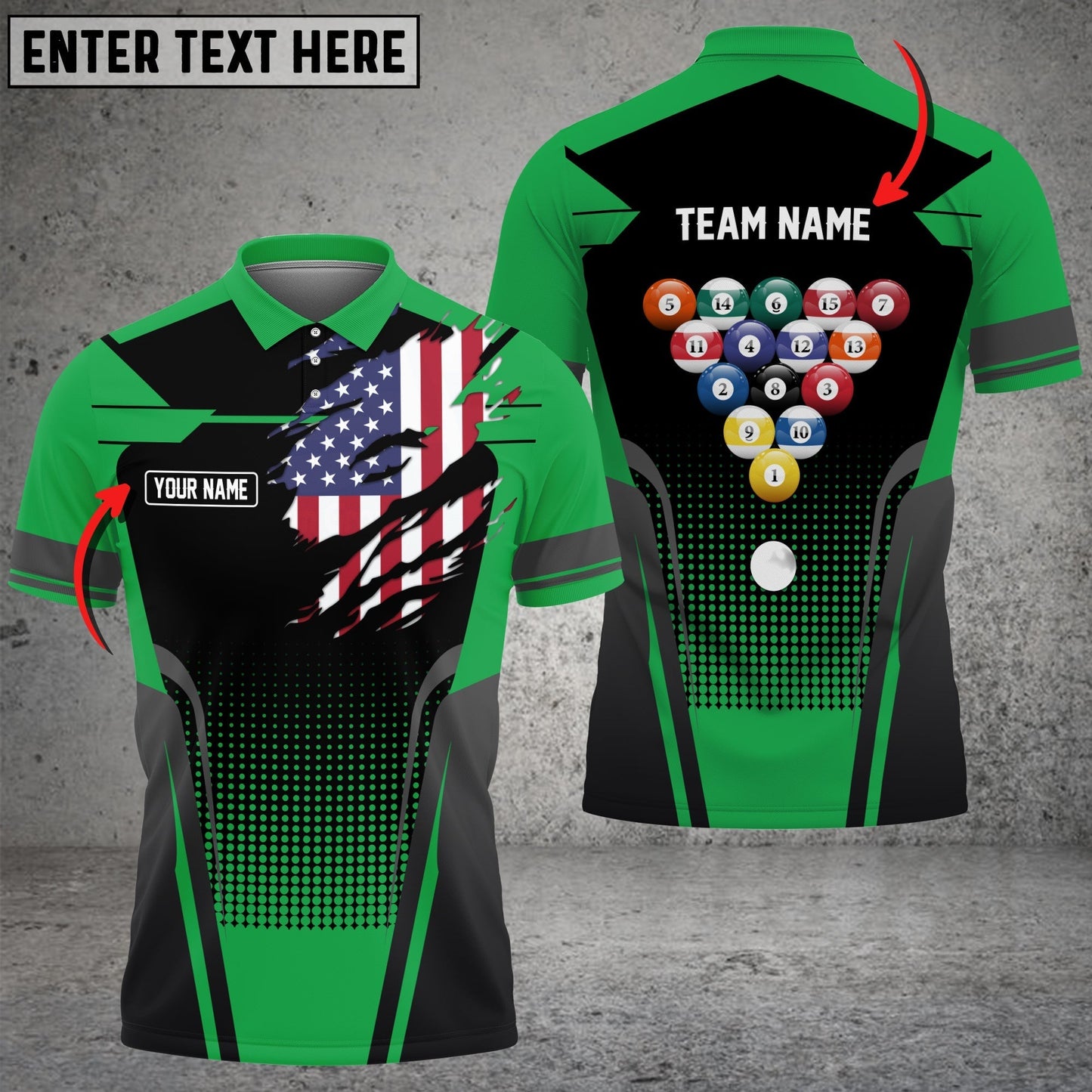 Frenzidea Billiard American Flag Personalized Name, Team Name Unisex Polo Shirt