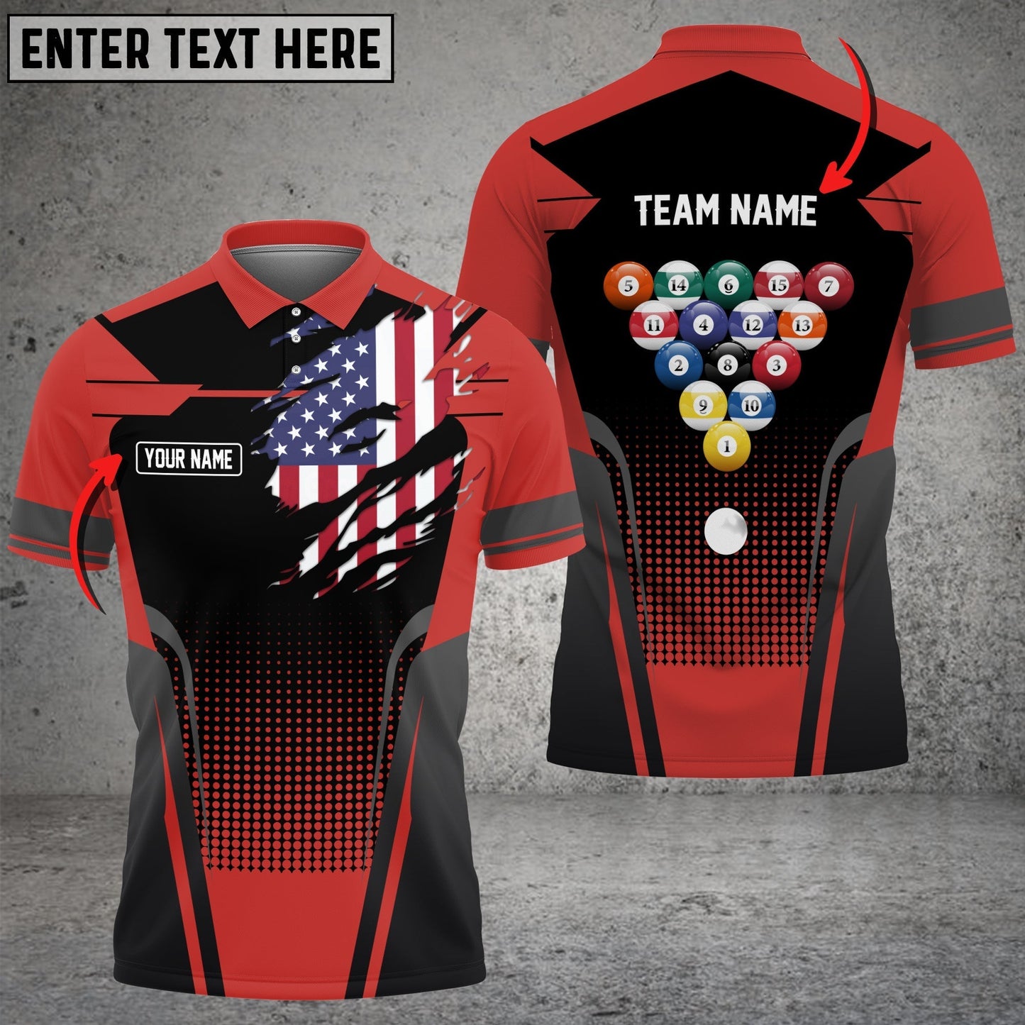 Frenzidea Billiard American Flag Personalized Name, Team Name Unisex Polo Shirt