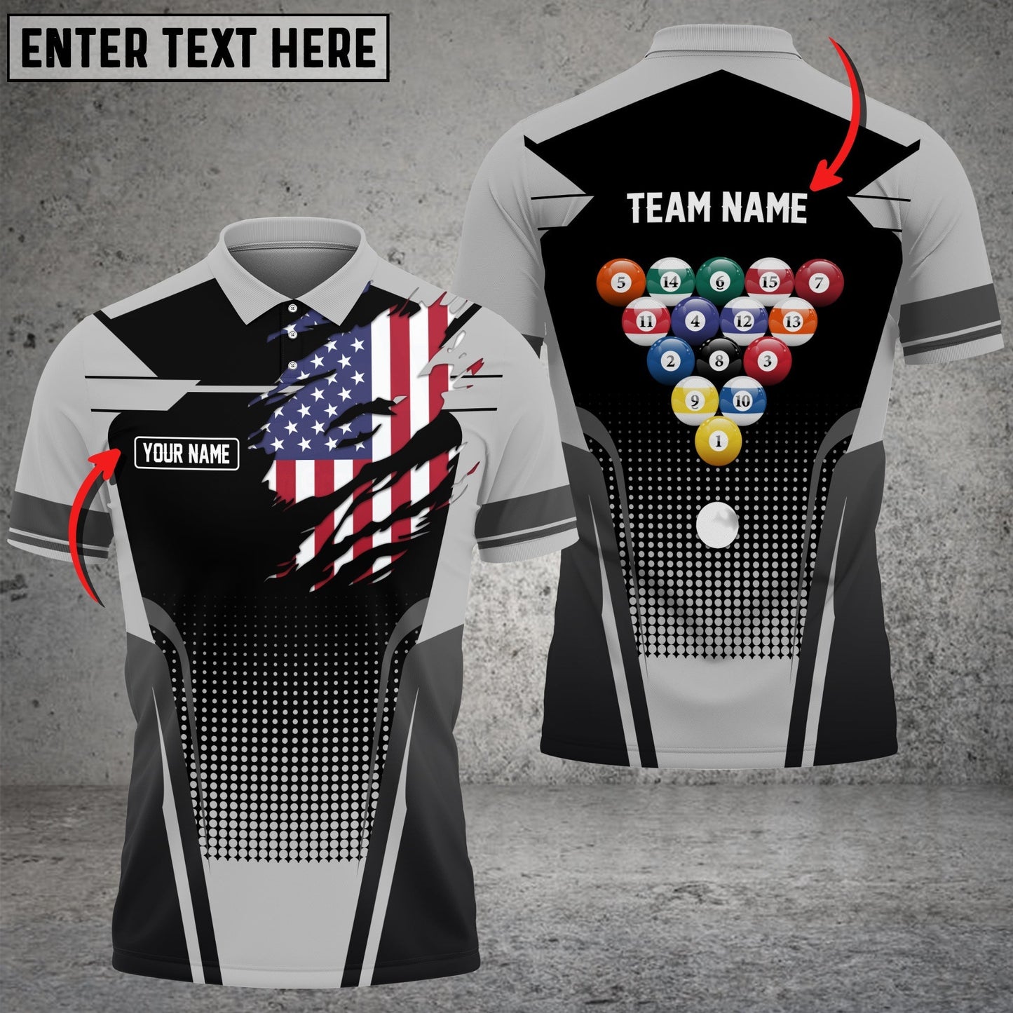 Frenzidea Billiard American Flag Personalized Name, Team Name Unisex Polo Shirt